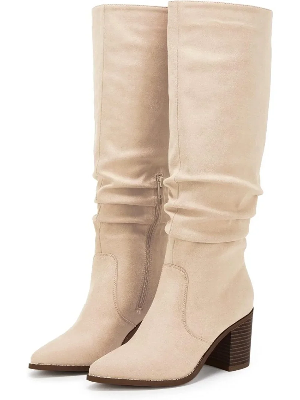Women's Light Beige Pointed Toe Mid Chunky Heel Side Zipper Over The Knee Boots